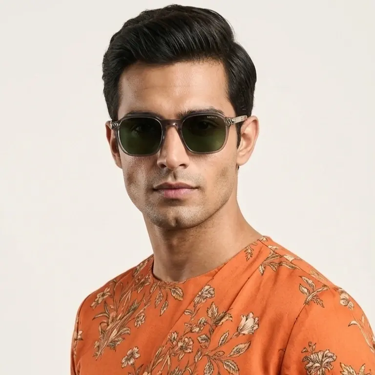 Man in an orange kurta wearing sunglasses