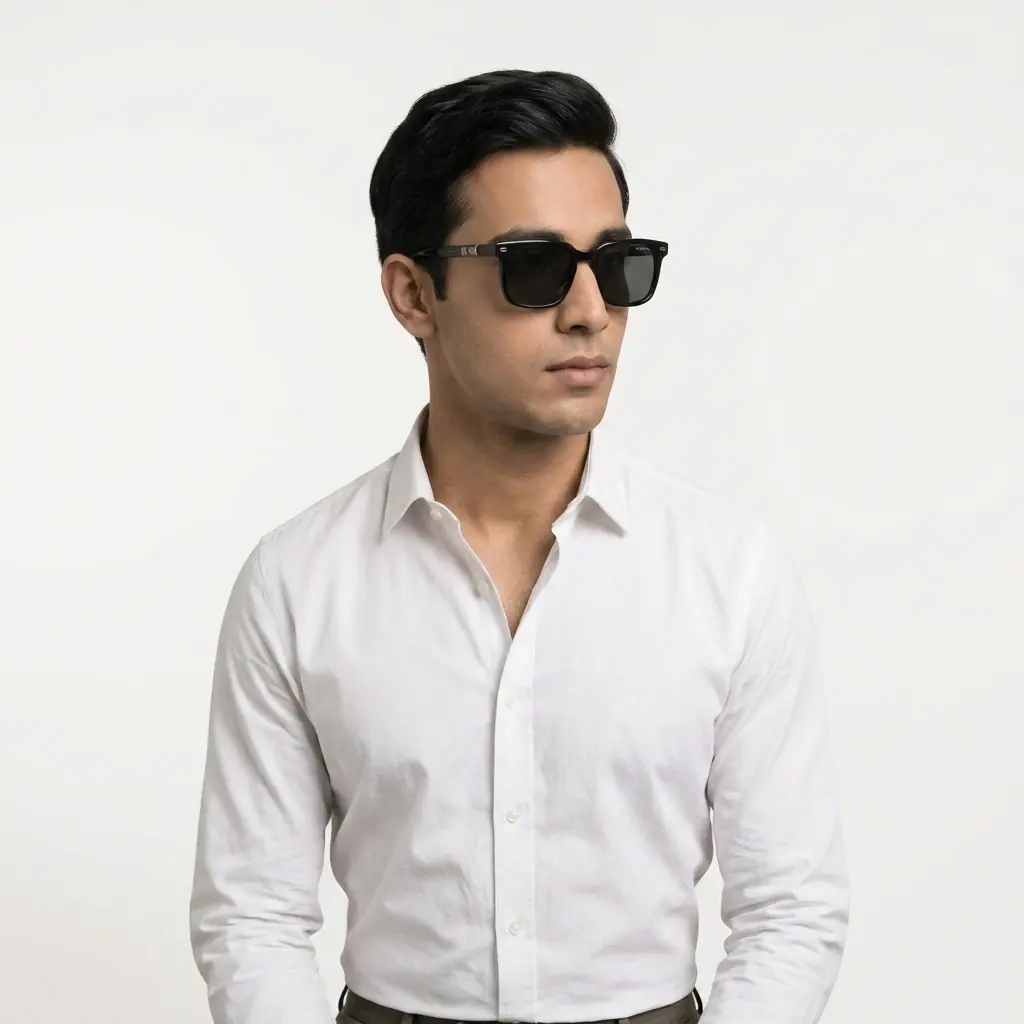 Model in a white shirt wearing Gravita sunglasses