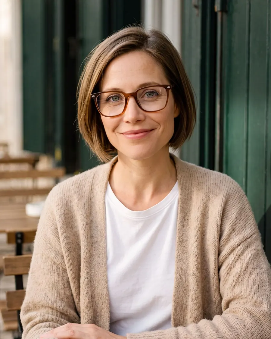 Woman wearing eyeglasses in a beige cardigan
