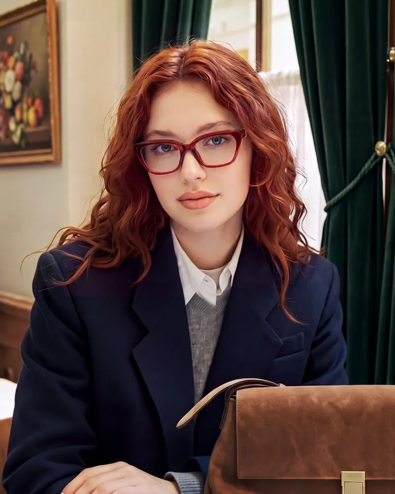 Woman wearing red eyeglasses in a navy blazer